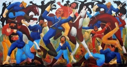 Battle of Little Big Horn, trypth, acrylic on canvas,  2015, 80x150"
