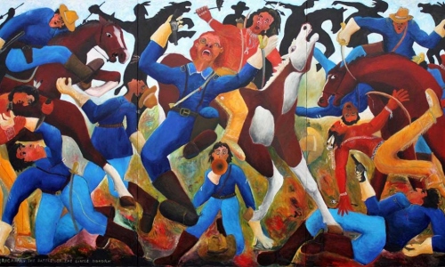 Battle of Little Big Horn, trypth, acrylic on canvas,  2015, 80x150"